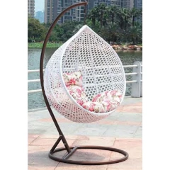 Tranquil White Rattan Outdoor Swing Chair with Refreshing Floral Pattern Cushion for Patio,Stylish Black Rattan Outdoor Swing Chair with Vibrant Floral Cushions for Garden Relaxation