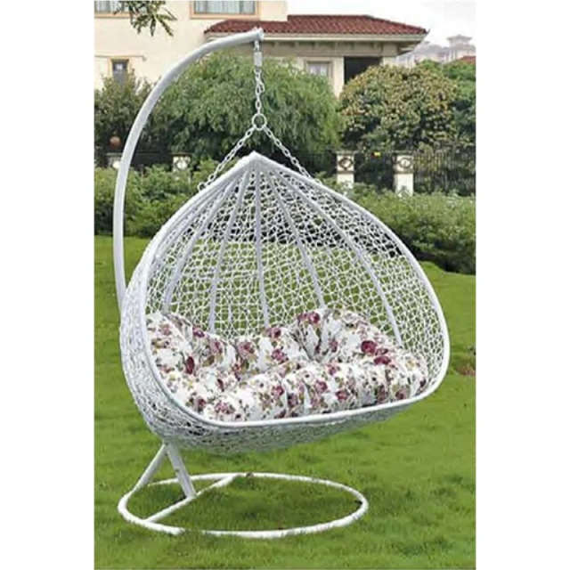 Graceful White Rattan Outdoor Swing Chair with Delicate Floral Cushion for Backyard Retreat,Stylish Black Rattan Outdoor Swing Chair with Vibrant Floral Cushions for Garden Relaxation