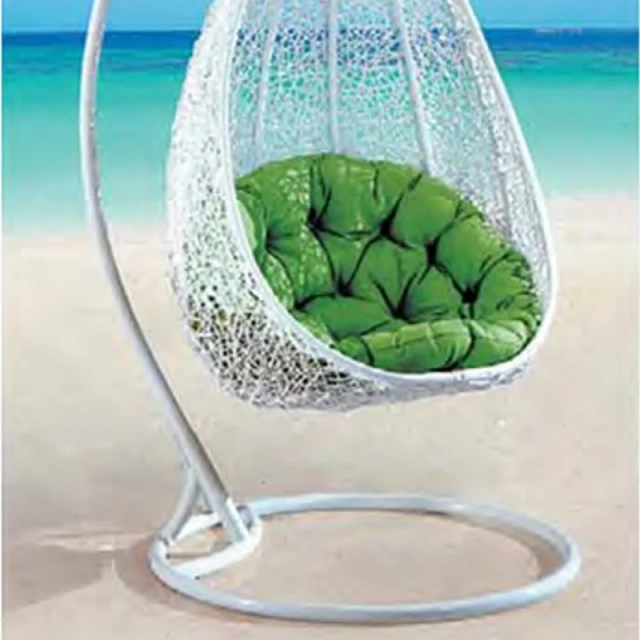 Tranquil Beachside White Wicker Swing Chair with Plush Green Cushion for Coastal Relaxation,Tranquil Beachside White Wicker Swing Chair with Plush Green Cushion for Coastal Relaxation