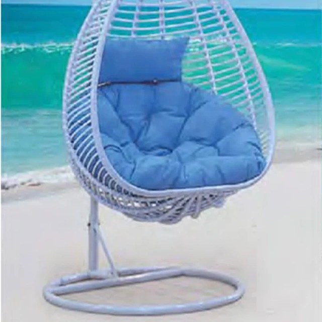 Oceanside White Rattan Swing Chair with Plush Blue Cushion for Coastal Serenity,Rustic Brown Rattan Swing Chair with Sunflower-Inspired Cushion for Garden Comfort