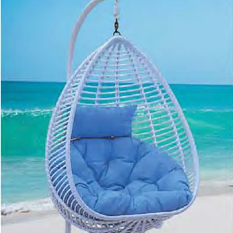 Oceanside White Rattan Swing Chair with Plush Blue Cushion for Coastal Serenity,Rustic Brown Rattan Swing Chair with Sunflower-Inspired Cushion for Garden Comfort