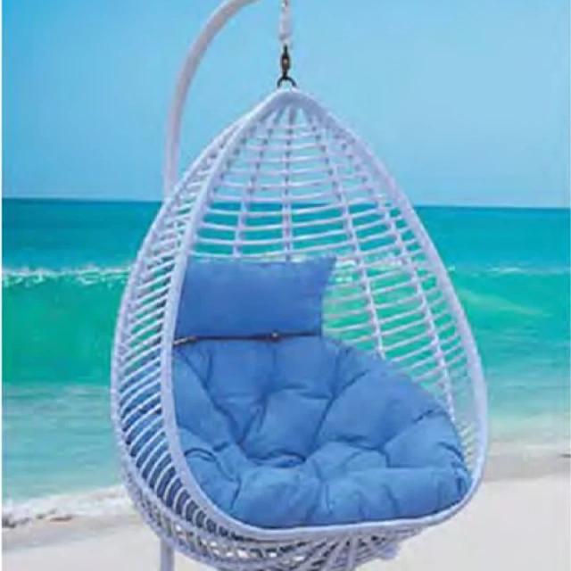 Oceanside White Rattan Swing Chair with Plush Blue Cushion for Coastal Serenity,Rustic Brown Rattan Swing Chair with Sunflower-Inspired Cushion for Garden Comfort