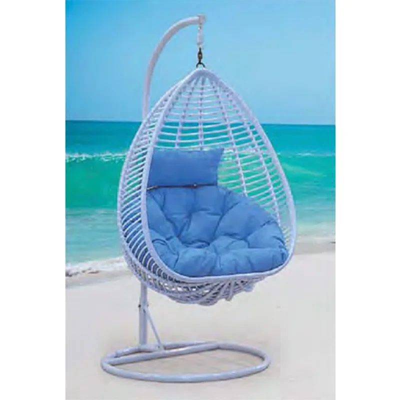 Oceanside White Rattan Swing Chair with Plush Blue Cushion for Coastal Serenity,Rustic Brown Rattan Swing Chair with Sunflower-Inspired Cushion for Garden Comfort
