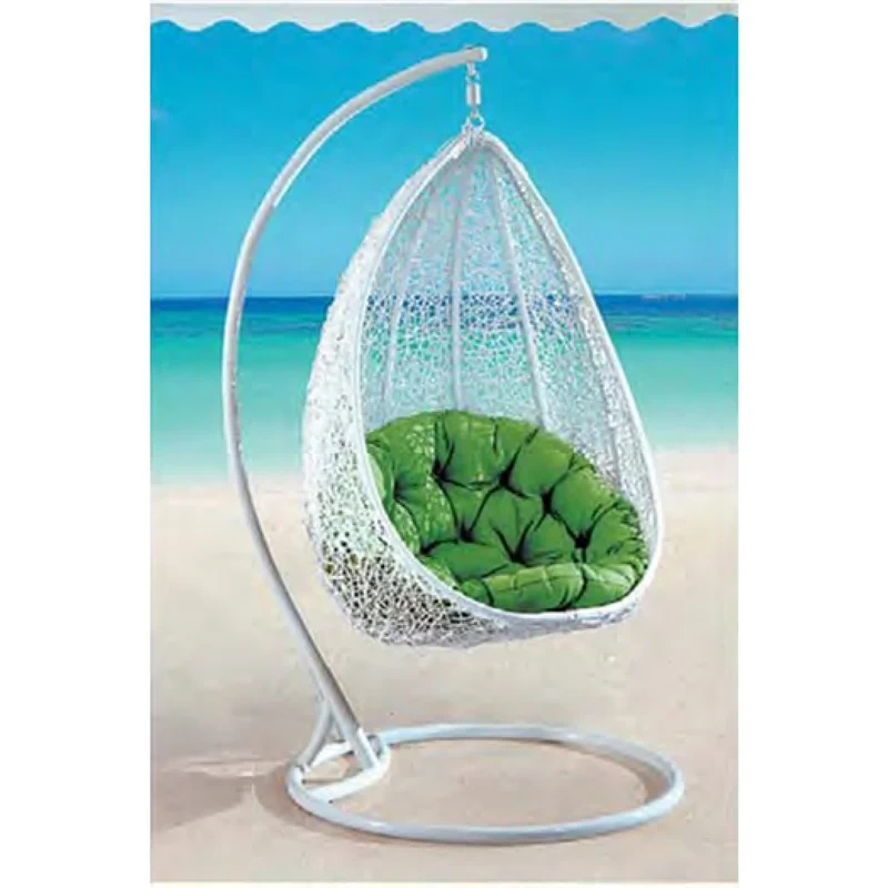 Tranquil Beachside White Wicker Swing Chair with Plush Green Cushion for Coastal Relaxation,Tranquil Beachside White Wicker Swing Chair with Plush Green Cushion for Coastal Relaxation