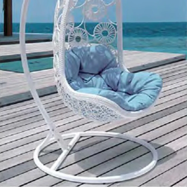 Luxurious White Rattan Swing Chair with Sky Blue Cushion for Seaside Retreat,Rustic Brown Rattan Swing Chair with Sunflower-Inspired Cushion for Garden Comfort