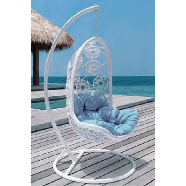 Luxurious White Rattan Swing Chair with Sky Blue Cushion for Seaside Retreat,Rustic Brown Rattan Swing Chair with Sunflower-Inspired Cushion for Garden Comfort