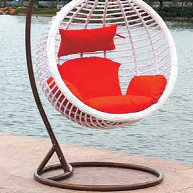 Vibrant White Rattan Swing Chair with Bold Red Cushions for Lakeside Leisure,Vibrant White Rattan Swing Chair with Bold Red Cushions for Lakeside Leisure