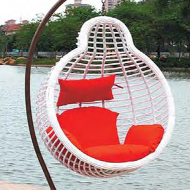 Vibrant White Rattan Swing Chair with Bold Red Cushions for Lakeside Leisure,Vibrant White Rattan Swing Chair with Bold Red Cushions for Lakeside Leisure