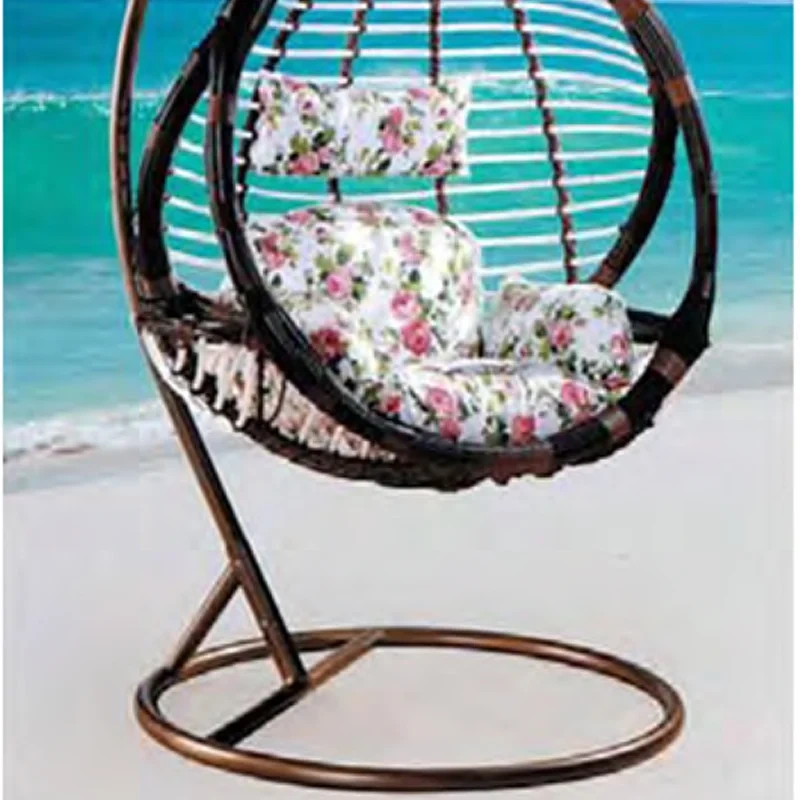 Elegant Dark Rattan Swing Chair with Floral Cushion for Coastal Serenity,Elegant Dark Rattan Swing Chair with Floral Cushion for Coastal Serenity