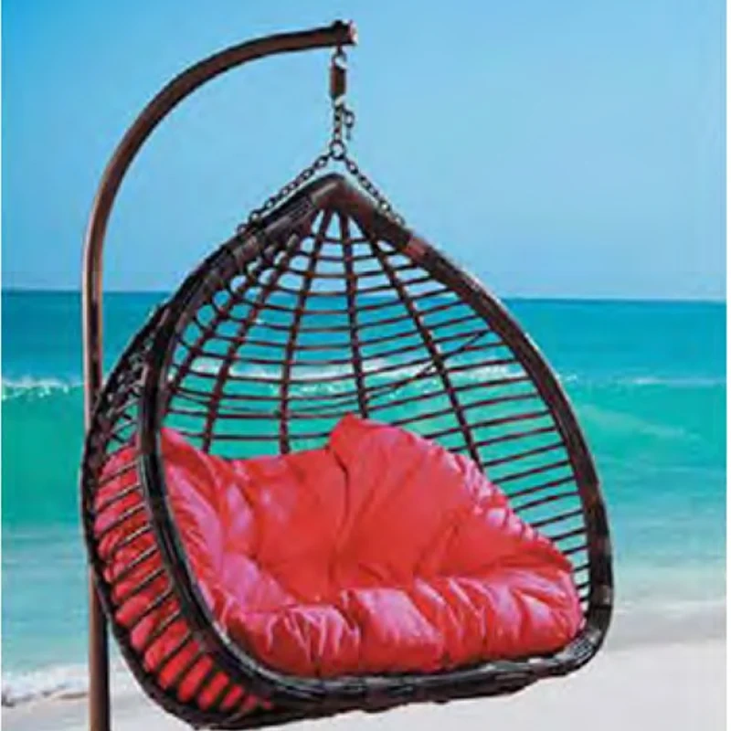 Stylish Dark Rattan Swing Chair with Plush Red Cushion for Coastal Comfort,Stylish Dark Rattan Swing Chair with Plush Red Cushion for Coastal Comfort