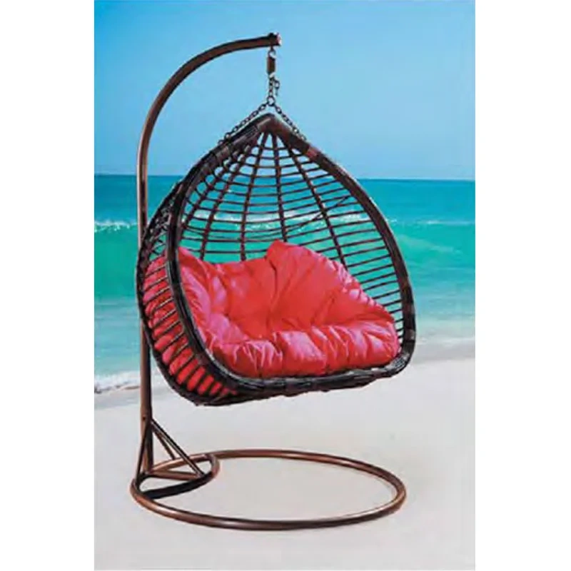 Stylish Dark Rattan Swing Chair with Plush Red Cushion for Coastal Comfort,Stylish Dark Rattan Swing Chair with Plush Red Cushion for Coastal Comfort