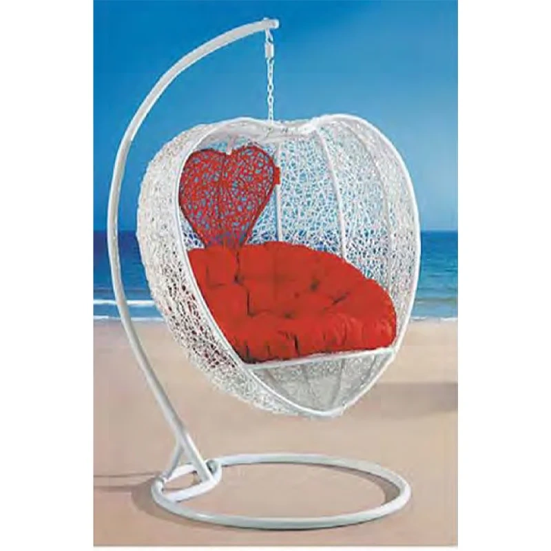 Romantic White Rattan Swing Chair with Heart-Shaped Red Cushion for Beachside Serenity,Romantic White Rattan Swing Chair with Heart-Shaped Red Cushion for Beachside Serenity