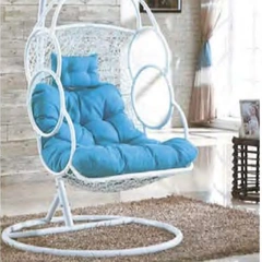 Trendy White Rattan Swing Chair with Plush Blue Cushion for Indoor Comfort,Trendy White Rattan Swing Chair with Plush Blue Cushion for Indoor Comfort