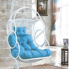 Trendy White Rattan Swing Chair with Plush Blue Cushion for Indoor Comfort,Trendy White Rattan Swing Chair with Plush Blue Cushion for Indoor Comfort