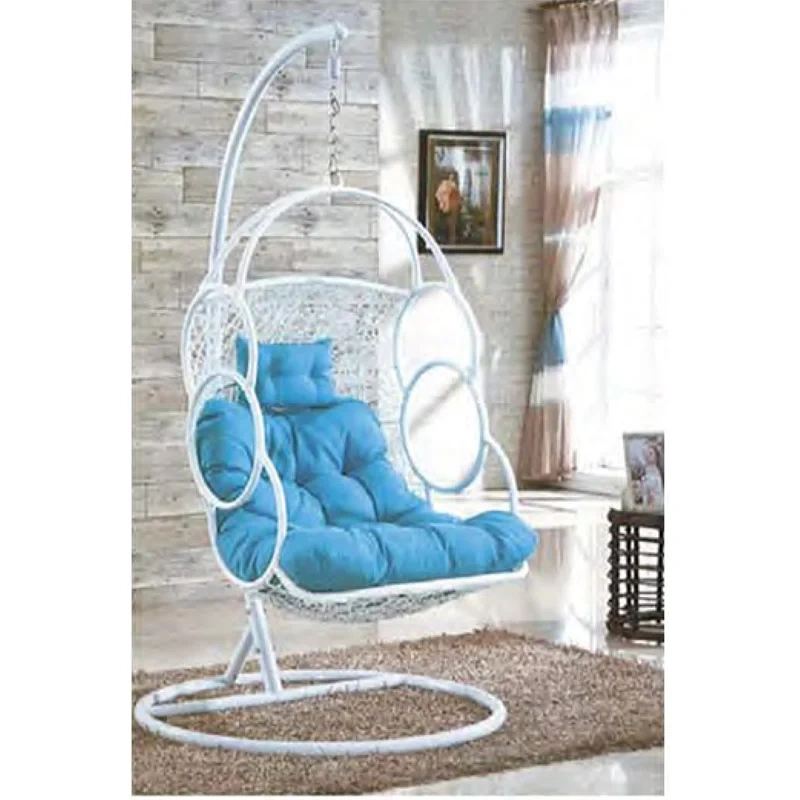 Trendy White Rattan Swing Chair with Plush Blue Cushion for Indoor Comfort,Trendy White Rattan Swing Chair with Plush Blue Cushion for Indoor Comfort