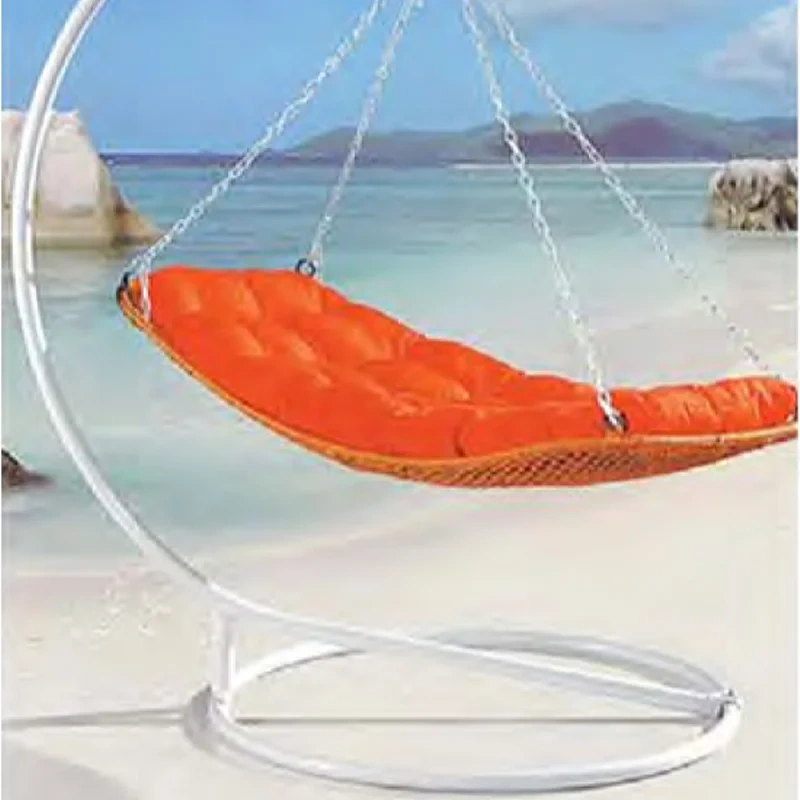 Sleek White Rattan Swing Chair with Vibrant Orange Cushion for Coastal Relaxation,Sleek White Rattan Swing Chair with Vibrant Orange Cushion for Coastal Relaxation
