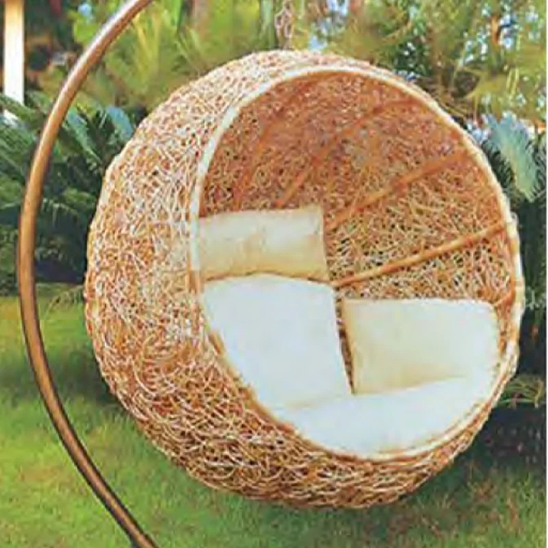 Cozy Brown Rattan Swing Chair with Comfortable White Cushion for Backyard Bliss,Cozy Brown Rattan Swing Chair with Comfortable White Cushion for Backyard Bliss