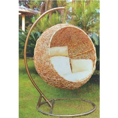 Cozy Brown Rattan Swing Chair with Comfortable White Cushion for Backyard Bliss,Cozy Brown Rattan Swing Chair with Comfortable White Cushion for Backyard Bliss