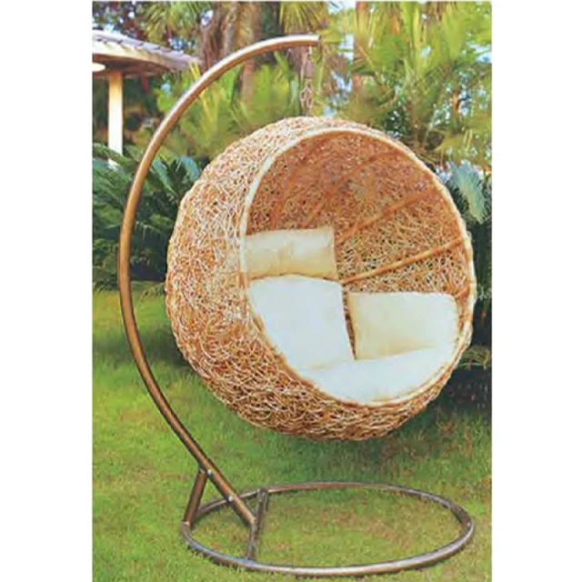 Cozy Brown Rattan Swing Chair with Comfortable White Cushion for Backyard Bliss,Cozy Brown Rattan Swing Chair with Comfortable White Cushion for Backyard Bliss