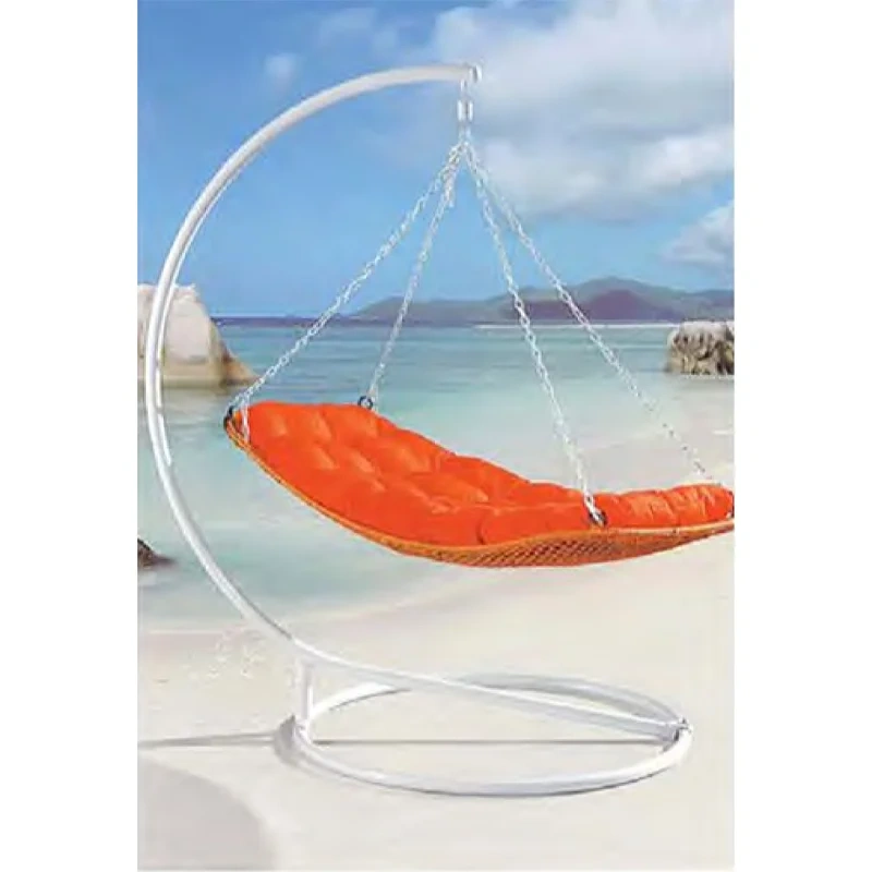Sleek White Rattan Swing Chair with Vibrant Orange Cushion for Coastal Relaxation,Sleek White Rattan Swing Chair with Vibrant Orange Cushion for Coastal Relaxation