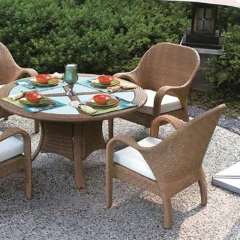 Handsome Natural Rattan Patio Dining Set with Tempered Glass Tabletop and Deep-Seat Chairs for Garden Leisure,Handsome Natural Rattan Patio Dining Set with Tempered Glass Tabletop and Deep-Seat Chairs for Garden Leisure