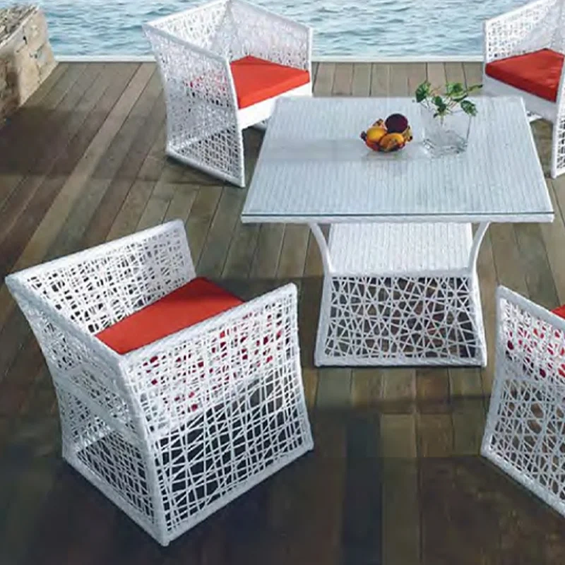 Coastal Teak-Wood Accented Rattan Dining Set with Cool-Touch Tempered Glass Top & Plush Cushioned Chairs for Seaside Comfort,Coastal Teak-Wood Accented Rattan Dining Set with Cool-Touch Tempered Glass Top & Plush Cushioned Chairs for Seaside Comfort