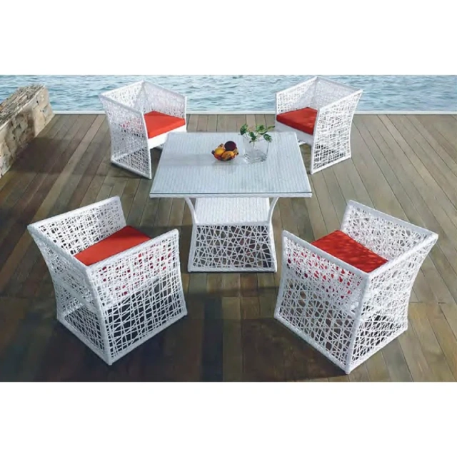 Coastal Teak-Wood Accented Rattan Dining Set with Cool-Touch Tempered Glass Top & Plush Cushioned Chairs for Seaside Comfort,Coastal Teak-Wood Accented Rattan Dining Set with Cool-Touch Tempered Glass Top & Plush Cushioned Chairs for Seaside Comfort