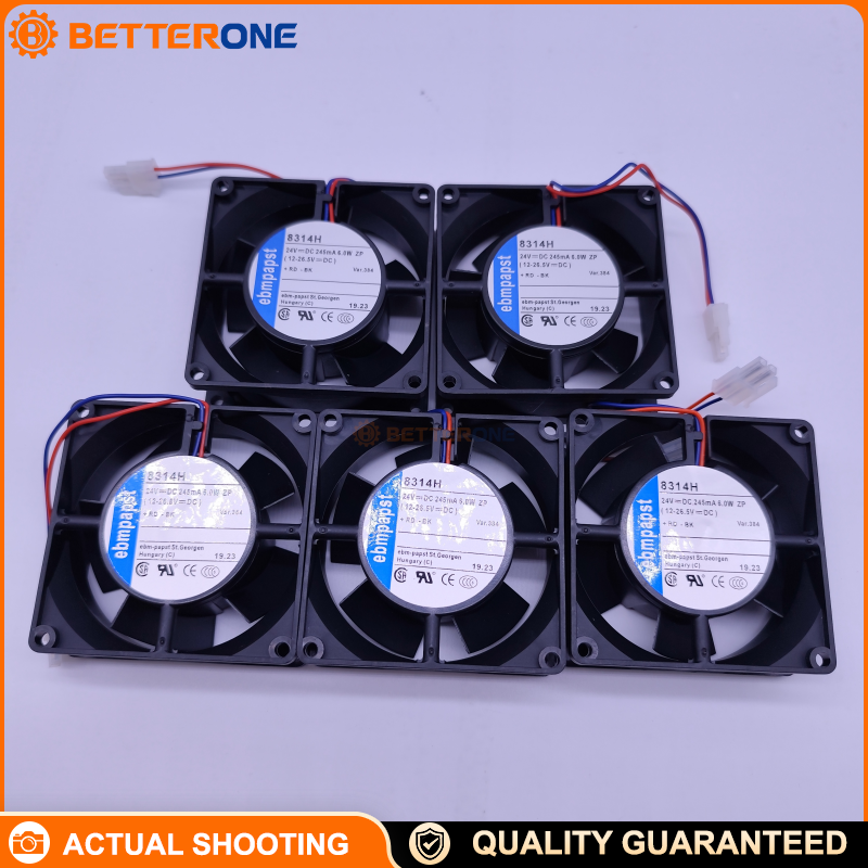 ebm-papst 8314H DC Axial Cooling Fan, 80×80×32mm 24 VDC (12–28 V) 5000 RPM 80 m³/h (47.1 CFM) 6 W Ball Bearing 2-Wire Leads