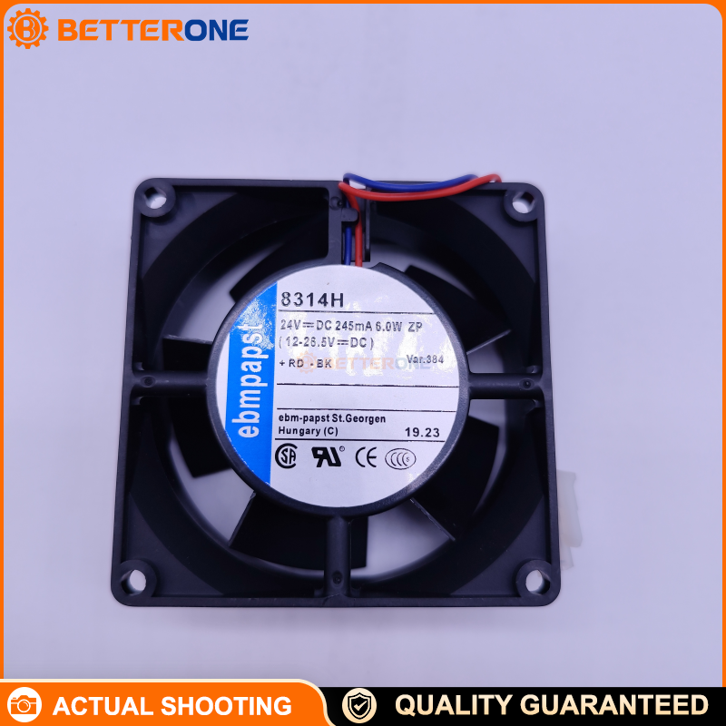 ebm-papst 8314H DC Axial Cooling Fan, 80×80×32mm 24 VDC (12–28 V) 5000 RPM 80 m³/h (47.1 CFM) 6 W Ball Bearing 2-Wire Leads