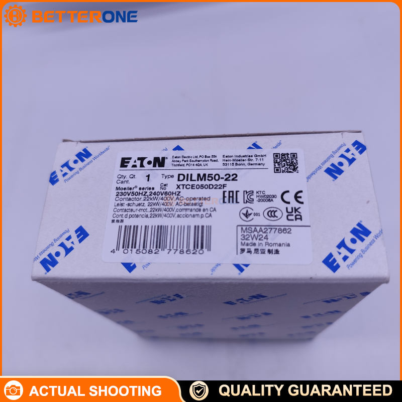 Eaton Moeller DILM50-22 Contactor, 3-Pole, AC-3 50A @ 400V (22 kW), 2NO + 2NC Aux, 230 VAC Coil, Screw Terminals