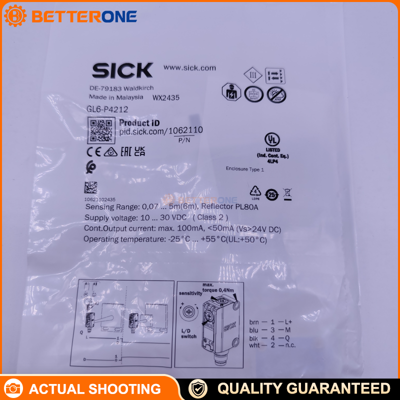 SICK GL6-P4212 Retro-Reflective Photoelectric Sensor, 0.03–6 m (Dual Lens), 10–30 VDC, PNP, Light/Dark Selectable, IP67, M8 4-Pin (Incl. P250 Reflector)