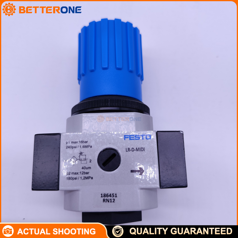 Festo LR-1/4-D-MIDI Pressure Regulator (186451), G1/4, 0–16 bar, 0.5–12 bar Regulating Range, 2100 L/min (DIN 1343), With Pressure Gauge