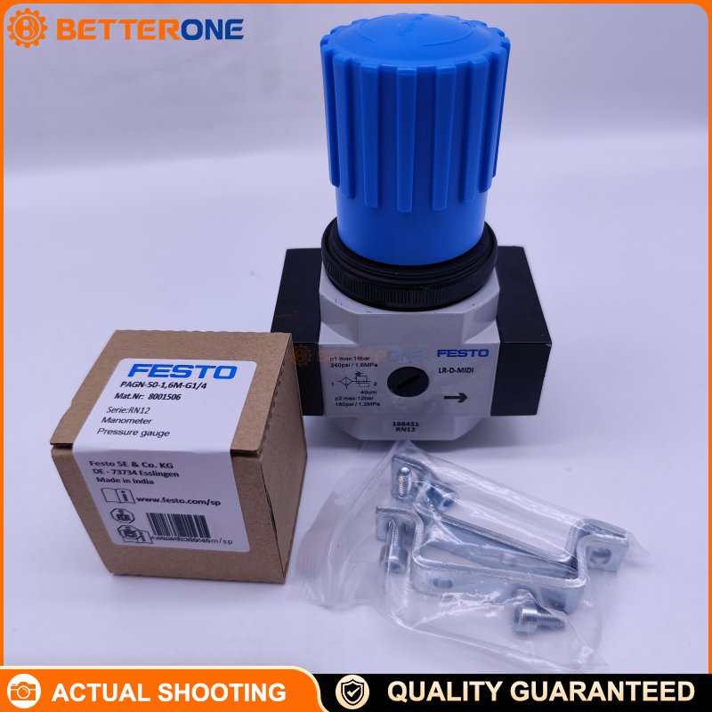 Festo LR-1/4-D-MIDI Pressure Regulator (186451), G1/4, 0–16 bar, 0.5–12 bar Regulating Range, 2100 L/min (DIN 1343), With Pressure Gauge