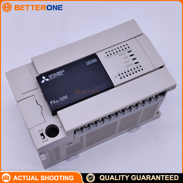 Mitsubishi MELSEC-F FX3U-32MT/ESS PLC CPU Base Unit, 32 I/O (16DI 24VDC + 16DO Transistor SOURCE), AC100–240V, 64K Steps, Removable Terminal Block, RS-422