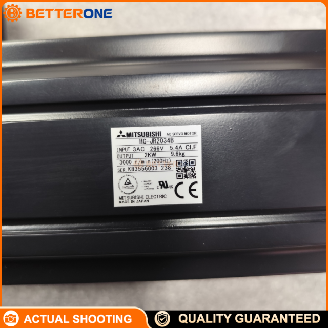 Mitsubishi Electric MELSERVO-J4 HG-JR2034B AC Servo Motor, 2 kW, 400V Class, 3000 rpm Rated (6000 rpm Max), 6.4 N·m Rated Torque (19.1 N·m Max), IP67, 22-Bit Encoder, With Brake, Straight Shaft