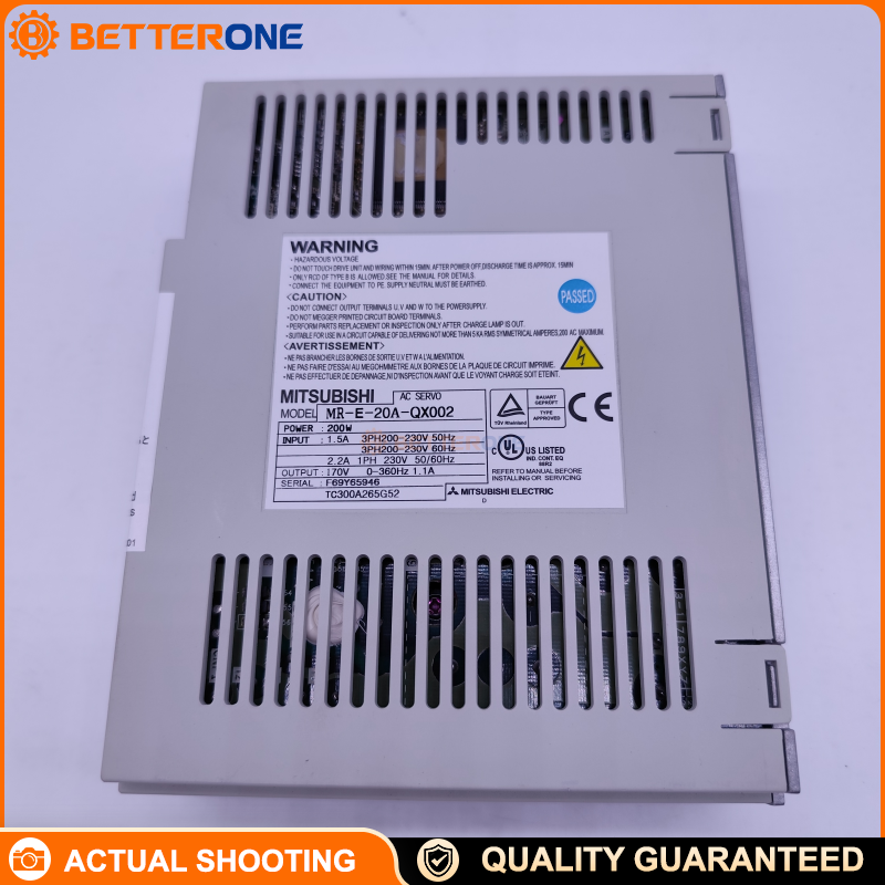 Mitsubishi MR-E-20A-QX002 AC Servo Drive/Amplifier, MR-E Series, 200W (0.2kW), 3-Phase 200–230VAC, Pulse Train Positioning, 500kpps