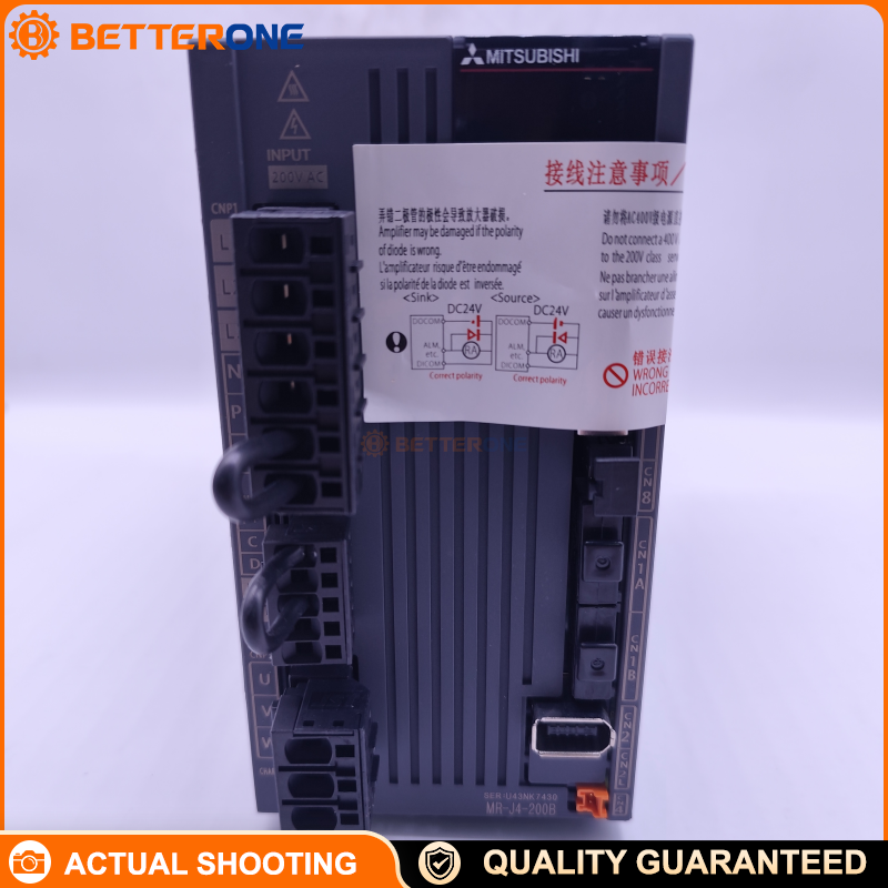 Mitsubishi MELSERVO-J4 MR-J4-200B AC Servo Amplifier, 2.0 kW, SSCNET III/H (B Type), 200–240 VAC Main Power (1Φ/3Φ), 3-Phase 170 VAC Output, 11 A Rated Output Current, Built-in Dynamic Brake & Regenerative Resistor