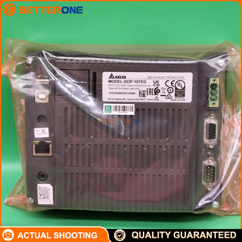 Delta DOP-107EG 7" Ethernet HMI Touch Panel, 800×600 TFT LCD, 10/100Mbps LAN, USB Host/Slave, RS-232/RS-485/RS-422 (COM1/COM2/COM3), SD Card, 24VDC (±15%), IP65/NEMA4/Type 4X Front