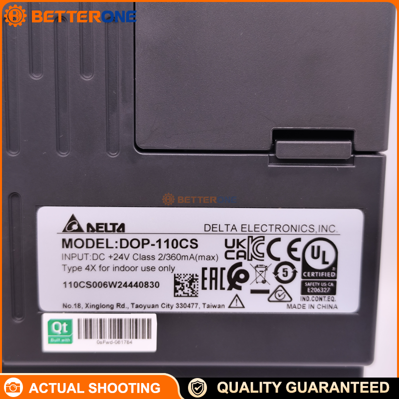 Delta DOP-110CS 10.1" HMI Touch Panel, 1024×600 TFT LCD, Cortex-A8 800MHz, 256MB RAM/256MB ROM, USB Host/Slave, COM1 RS-232 (Flow Control) + COM2 RS-232/RS-485 + COM3 RS-422/RS-485, 24VDC (±15%), IP65/NEMA4 Front