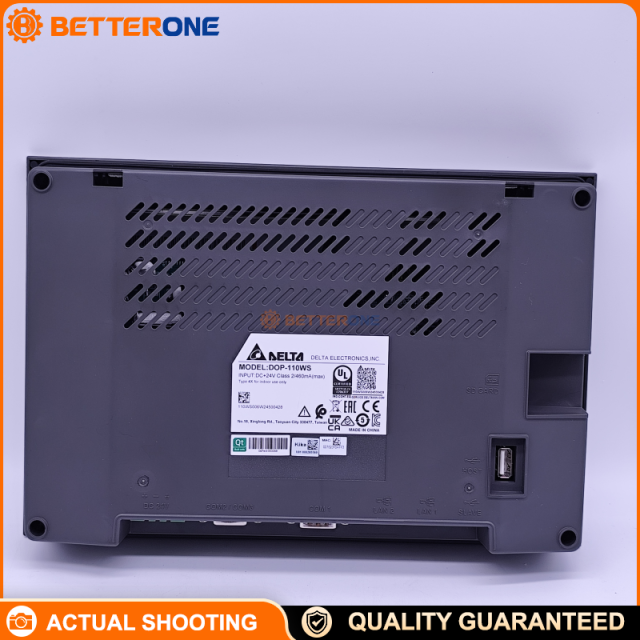 Delta DOP-110WS 10.1" Ethernet HMI Touch Panel, 1024×600 TFT LCD, 10/100Mbps LAN, USB Host/Slave, COM1 RS-232 (Flow Control) + COM2 RS-232/RS-485 + COM3 RS-422/RS-485, SD Card Support, 24VDC (±15%), IP65/NEMA4/Type 4X Front