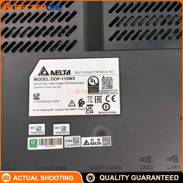 Delta DOP-115WX 15" Advanced HMI Touch Panel, 1024×768 XGA TFT LCD, Dual Core 1GHz, 8GB ROM + 1GB RAM, Dual Ethernet (1×1000Mbps + 1×100Mbps), 4×COM Ports (RS-232/RS-485/RS-422), USB Host/Client, SD Card, 24VDC ±15%, IP65/NEMA4/Type 4X Front