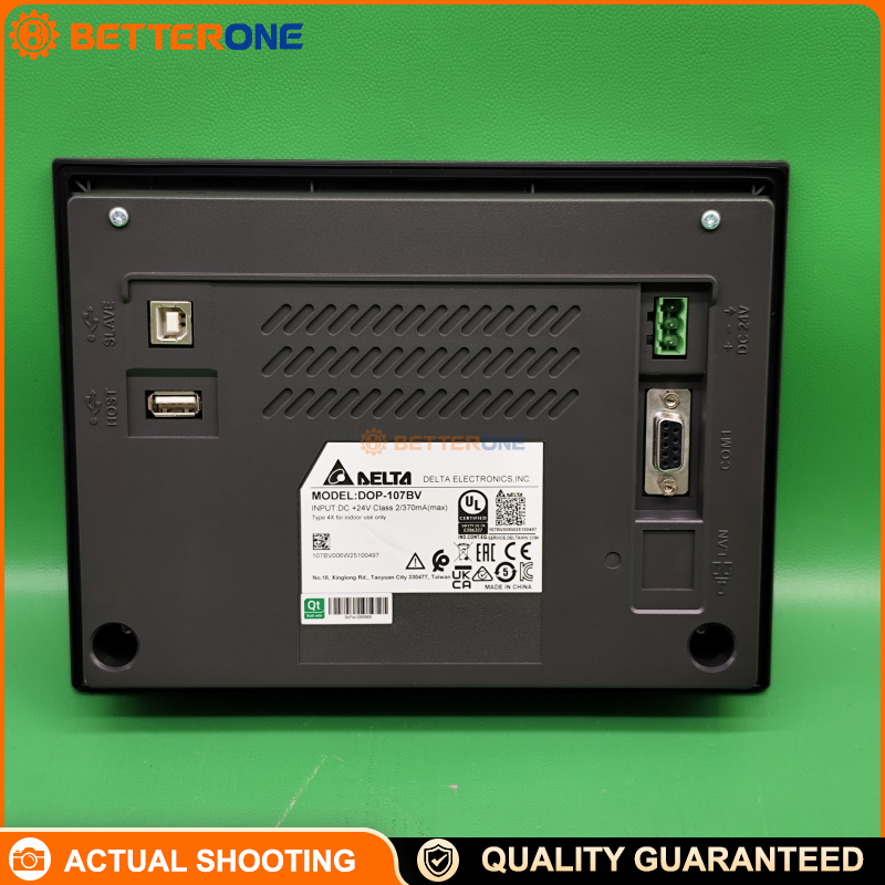 Delta DOP-107BV 7" HMI Touch Panel, 800×480 TFT LCD, Cortex-A8 800MHz, 256MB RAM + 256MB Flash, USB Host/Slave, RS-232/RS-485 (Flow Control) + RS-422/RS-485, 24VDC (±15%), IP65/NEMA4 Front