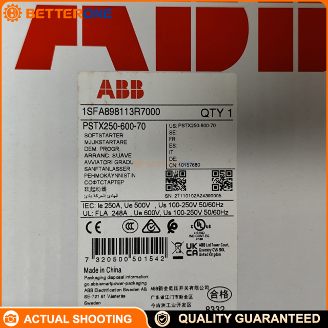 ABB PSTX250-600-70 Soft Starter, 250A Max Operational Current, 3-Phase 208–600VAC Main Voltage, 100–250VAC 50/60Hz Control Supply (1SFA898113R7000)