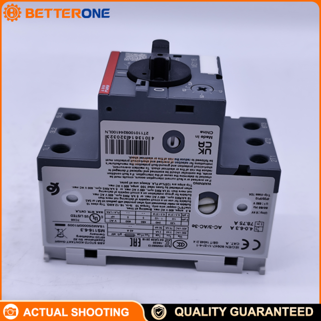 ABB MS116-6.3 Manual Motor Starter 1SAM250000R1009, 3-Pole MPCB, Adjustable 4.0–6.3A, Trip Class 10A, 690VAC, Ics 50kA (400VAC), DIN Rail, Screw Terminals