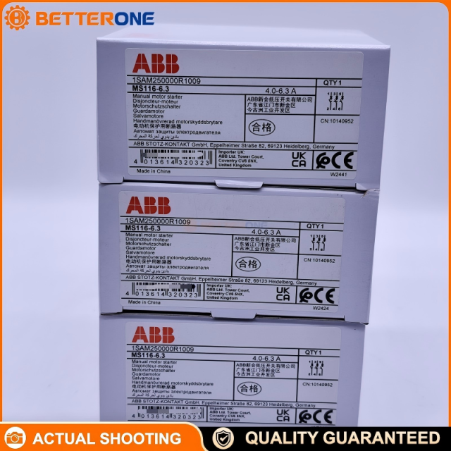 ABB MS116-6.3 Manual Motor Starter 1SAM250000R1009, 3-Pole MPCB, Adjustable 4.0–6.3A, Trip Class 10A, 690VAC, Ics 50kA (400VAC), DIN Rail, Screw Terminals