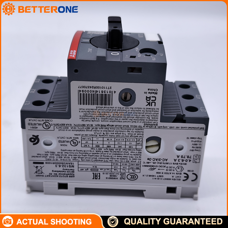 ABB MS132-6.3 Manual Motor Starter 1SAM350000R1009, 3-Pole MPCB, Adjustable 4.0–6.3A, Trip Class 10, 690VAC, Ics up to 100kA (400VAC), 45mm Width, DIN Rail, Screw Terminals