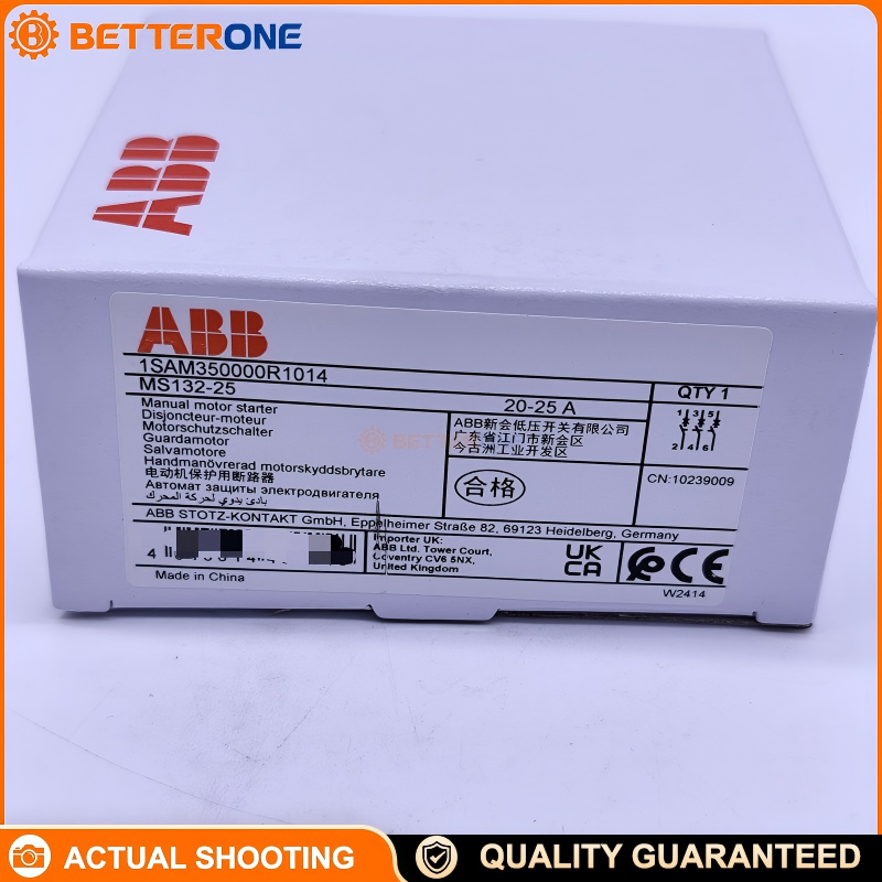 ABB MS132-25 Manual Motor Starter 1SAM350000R1014, 3-Pole MPCB, Adjustable 20–25A, Trip Class 10A, Ics 50kA @ 400VAC, 208–690VAC Motor Protection Breaker, DIN Rail