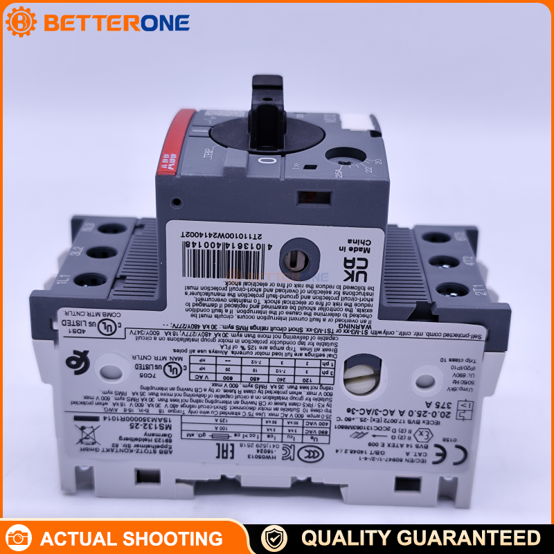 ABB MS132-25 Manual Motor Starter 1SAM350000R1014, 3-Pole MPCB, Adjustable 20–25A, Trip Class 10A, Ics 50kA @ 400VAC, 208–690VAC Motor Protection Breaker, DIN Rail