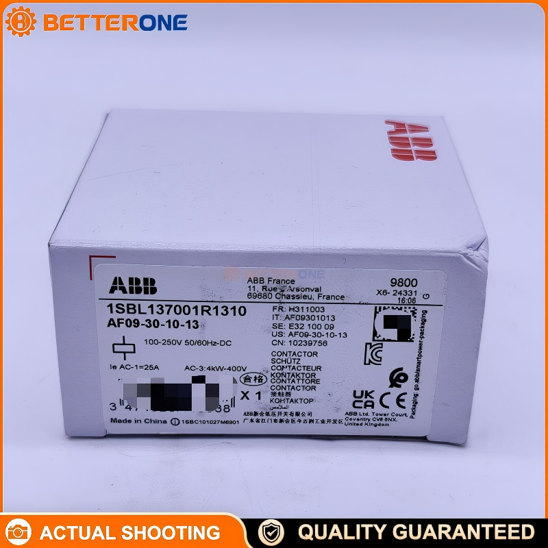 ABB AF09-30-10-13 Contactor 1SBL137001R1310, 3-Pole 3NO + 1NO Aux, Coil 100–250V AC/DC, AC-3 9A, 4kW @ 400V, 690V Main Circuit, Screw Terminals