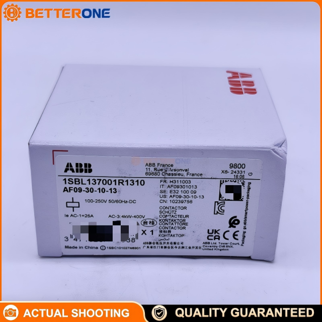 ABB AF09-30-10-13 Contactor 1SBL137001R1310, 3-Pole 3NO + 1NO Aux, Coil 100–250V AC/DC, AC-3 9A, 4kW @ 400V, 690V Main Circuit, Screw Terminals